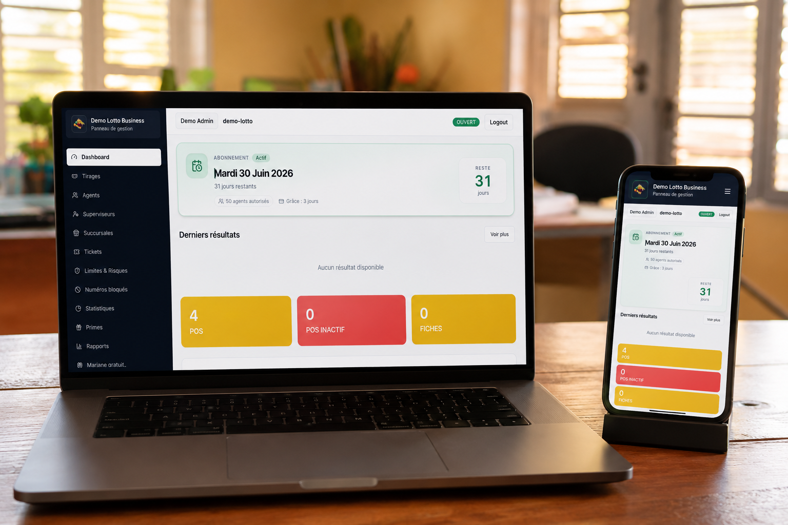 Dashboard Manager Lotto sur laptop et smartphone